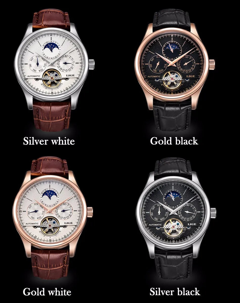 LIGE Automatic Tourbillon Watch | Genuine Leather Skeleton Mechanical Timepiece