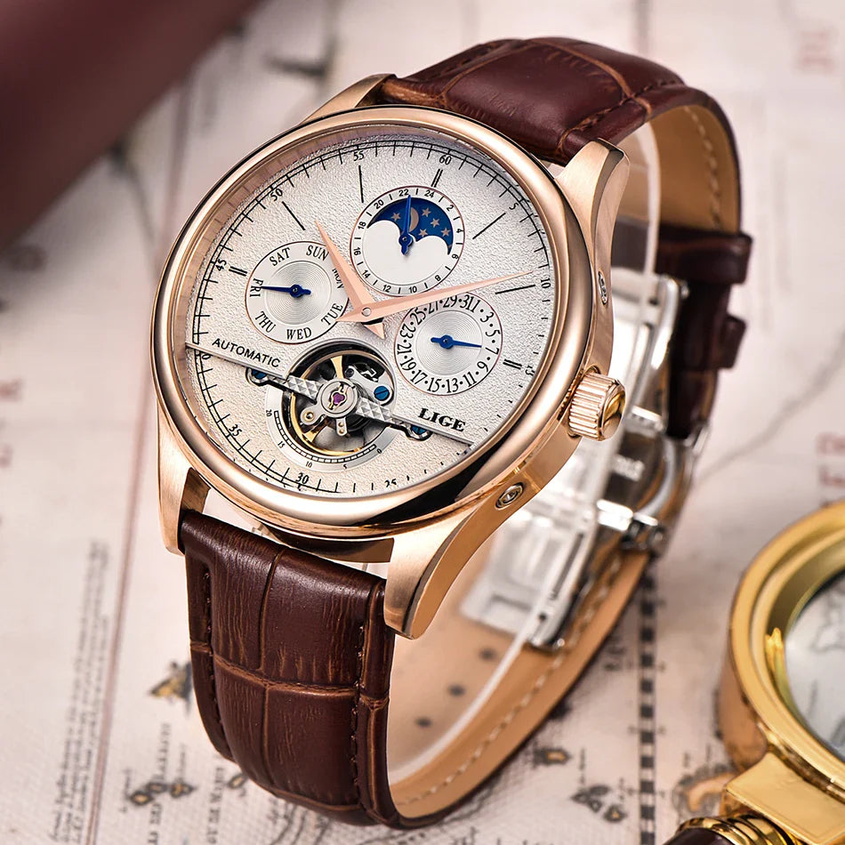 LIGE Automatic Tourbillon Watch | Genuine Leather Skeleton Mechanical Timepiece
