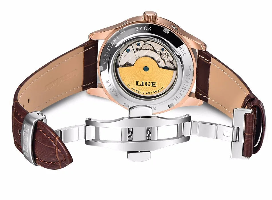 LIGE Automatic Tourbillon Watch | Genuine Leather Skeleton Mechanical Timepiece