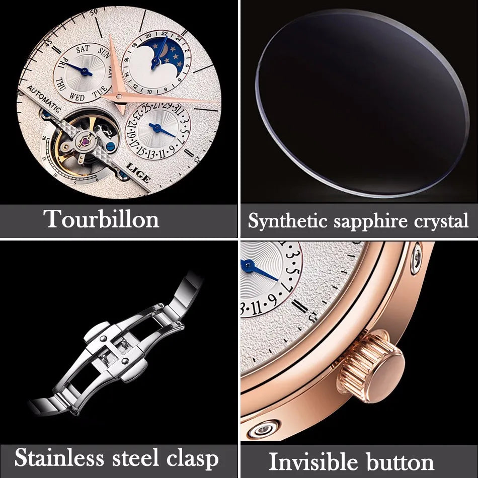 LIGE Automatic Tourbillon Watch | Genuine Leather Skeleton Mechanical Timepiece
