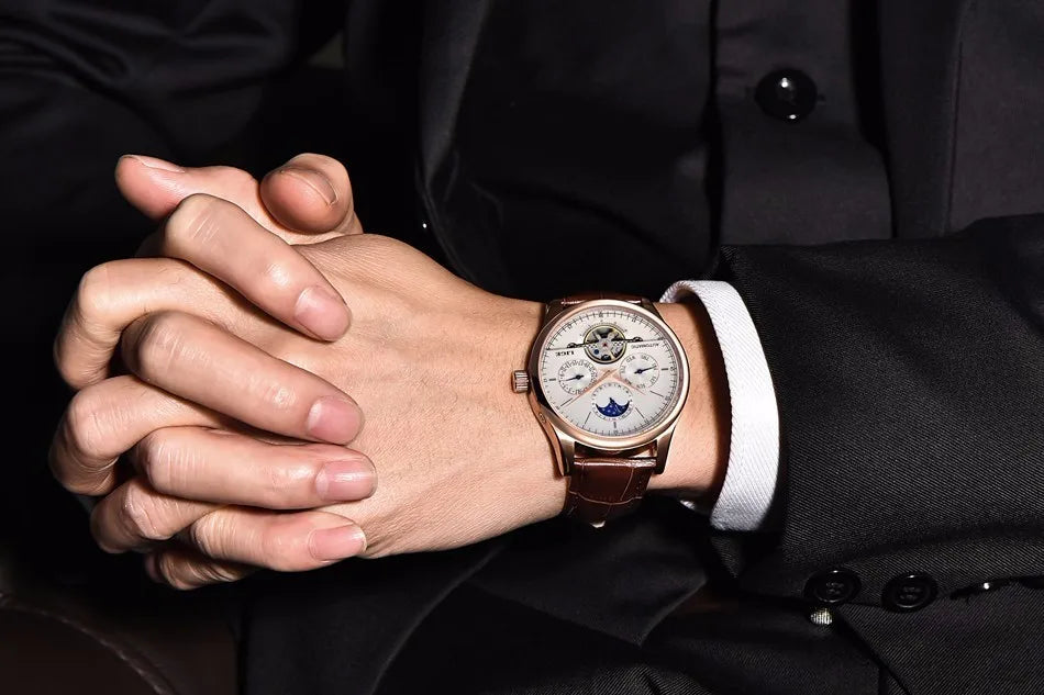 LIGE Automatic Tourbillon Watch | Genuine Leather Skeleton Mechanical Timepiece