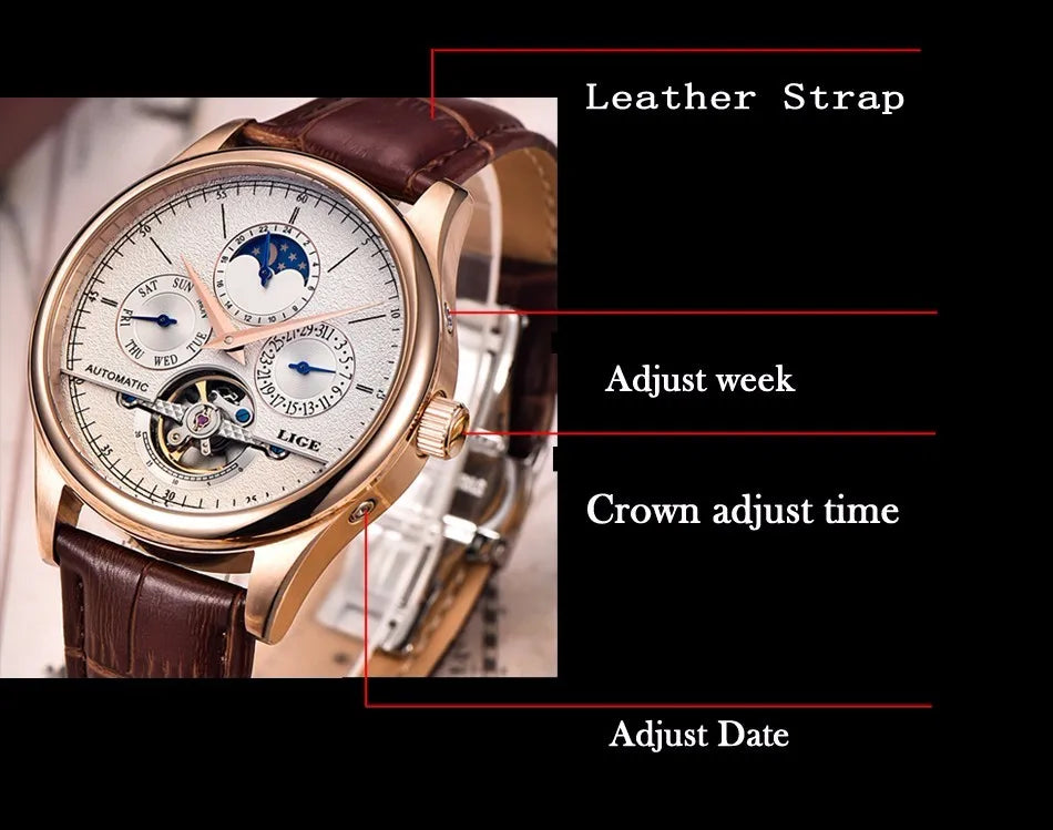 LIGE Automatic Tourbillon Watch | Genuine Leather Skeleton Mechanical Timepiece