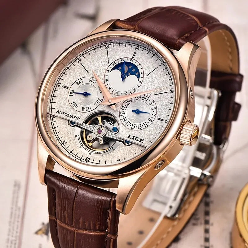 LIGE Automatic Tourbillon Watch | Genuine Leather Skeleton Mechanical Timepiece
