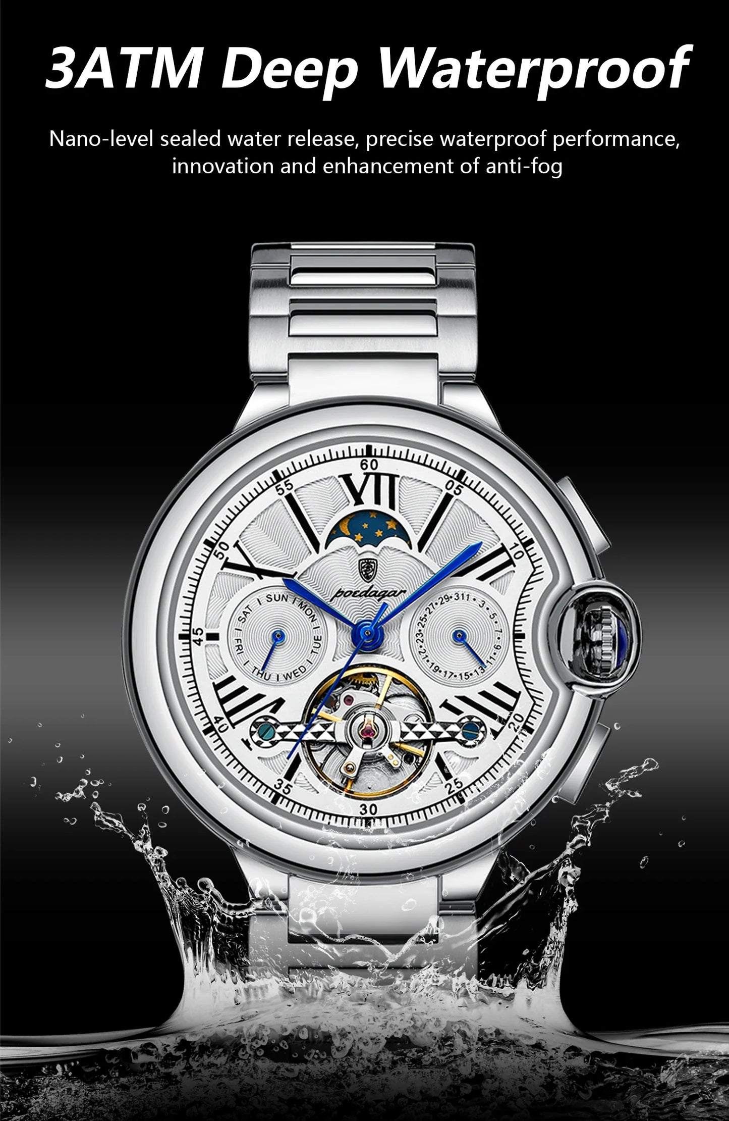 POEDAGAR Military Mechanical Watch | Automatic Tourbillon Day-Date Edition