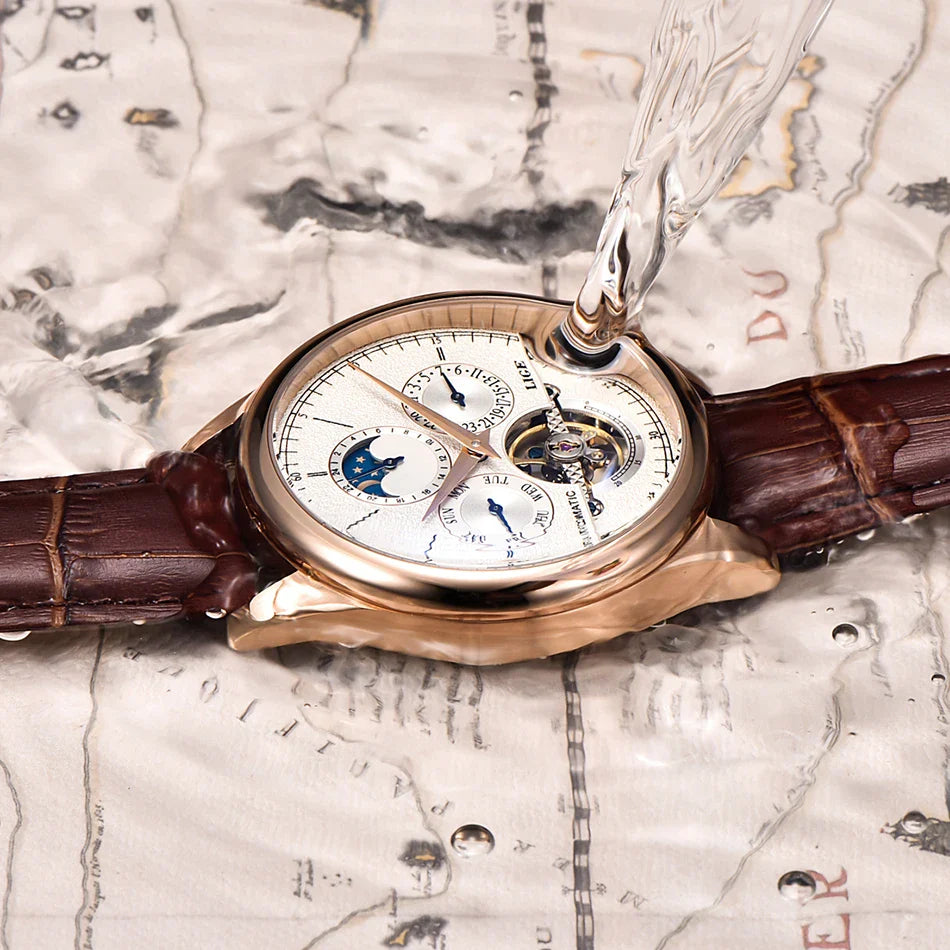 LIGE Automatic Tourbillon Watch | Genuine Leather Skeleton Mechanical Timepiece