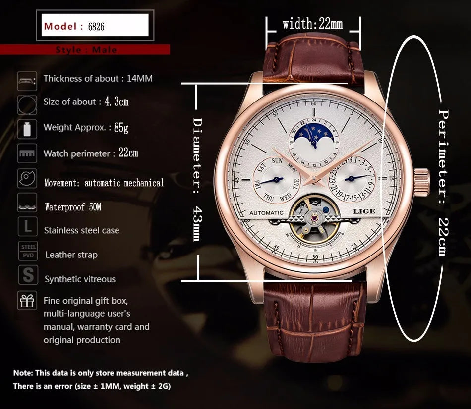 LIGE Automatic Tourbillon Watch | Genuine Leather Skeleton Mechanical Timepiece