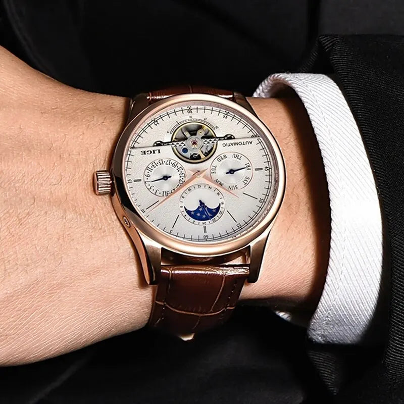 LIGE Automatic Tourbillon Watch | Genuine Leather Skeleton Mechanical Timepiece