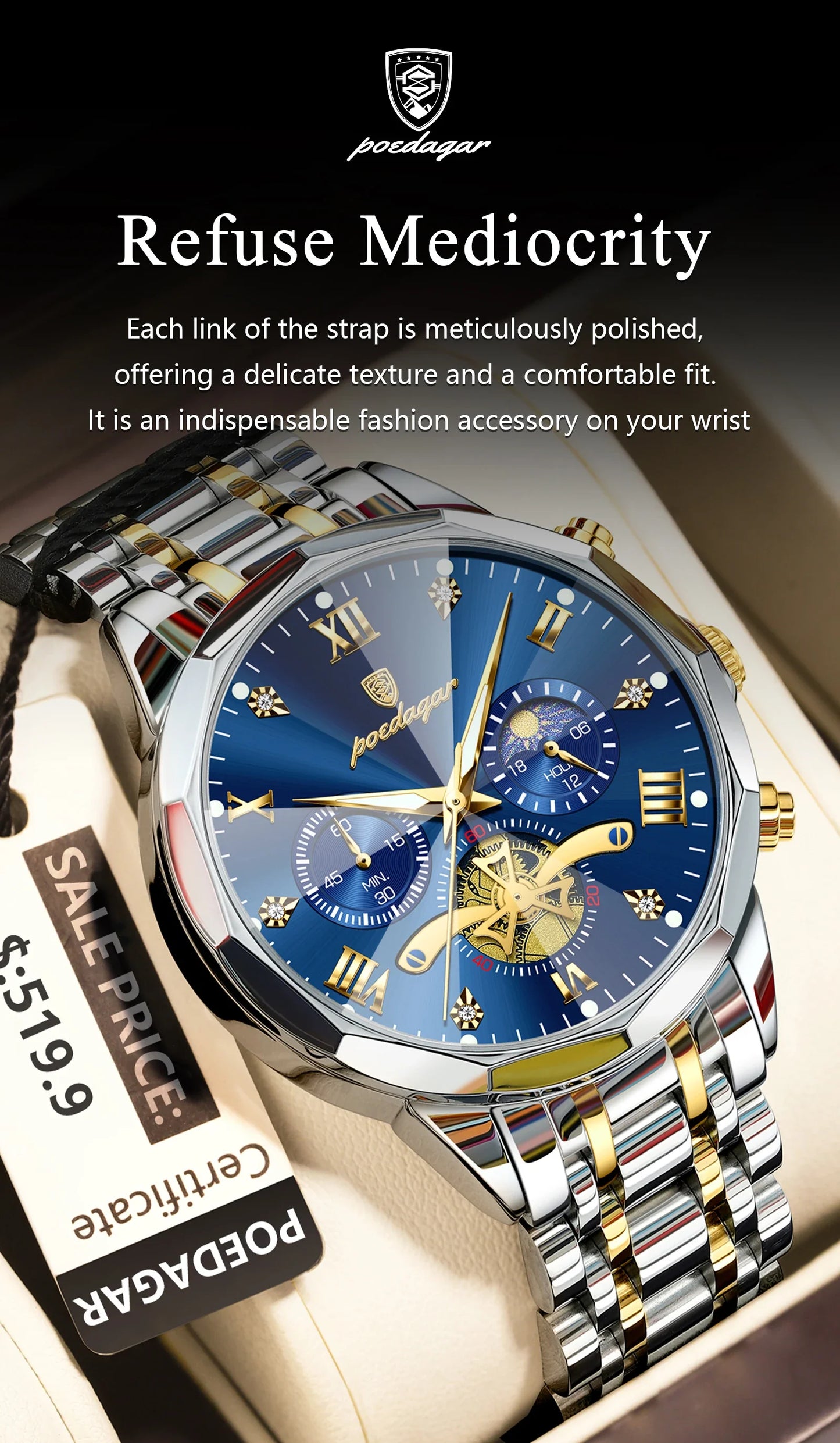POEDAGAR Luxury Men's Chronograph | Luminous Waterproof Stainless Steel Watch