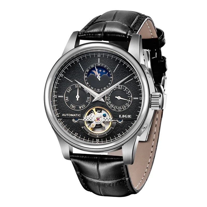 LIGE Automatic Tourbillon Watch | Genuine Leather Skeleton Mechanical Timepiece