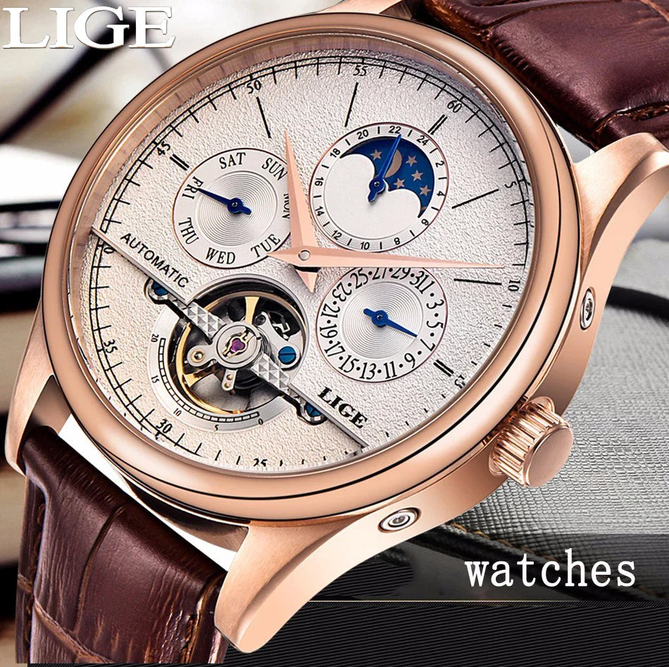 LIGE Automatic Tourbillon Watch | Genuine Leather Skeleton Mechanical Timepiece
