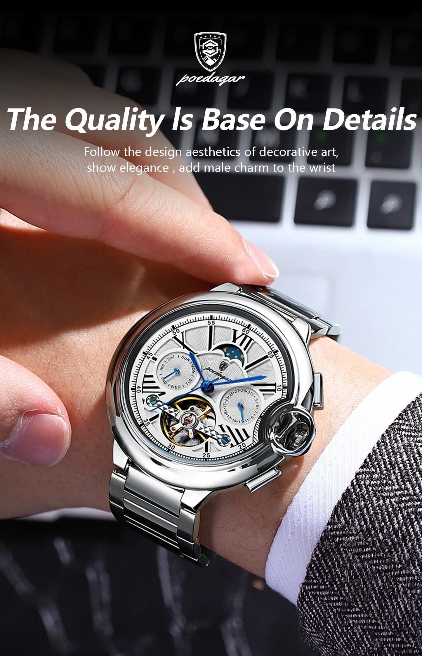 POEDAGAR Military Mechanical Watch | Automatic Tourbillon Day-Date Edition