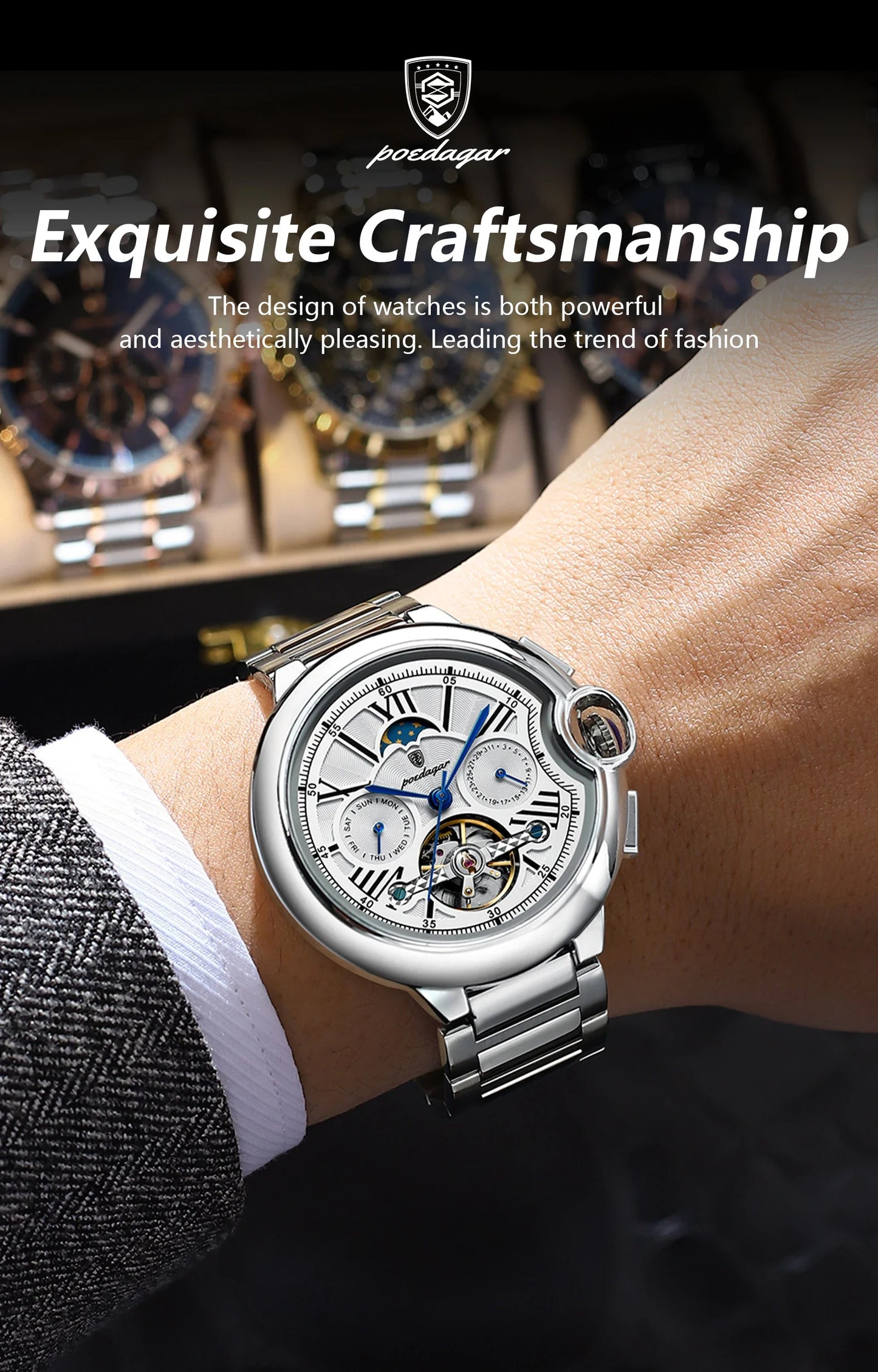 POEDAGAR Military Mechanical Watch | Automatic Tourbillon Day-Date Edition