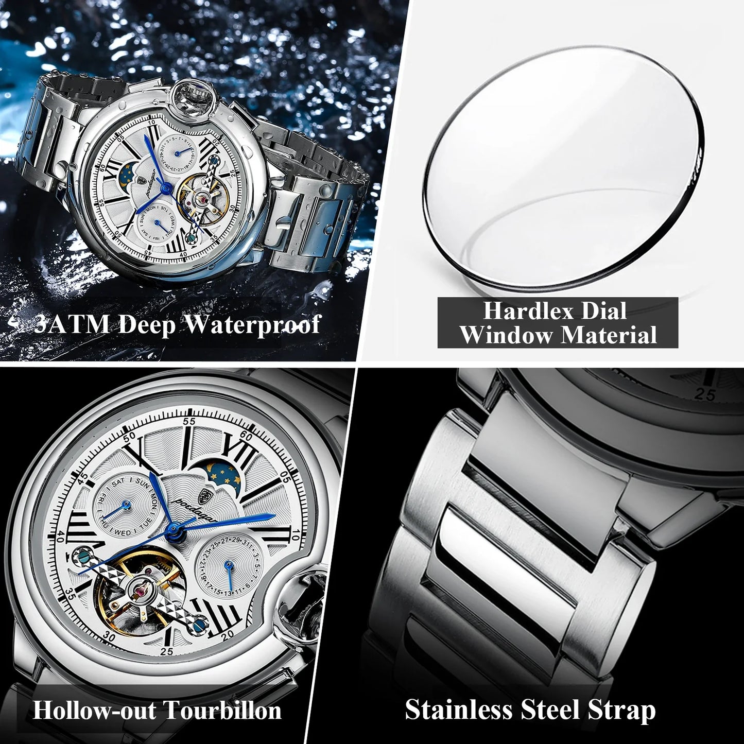 POEDAGAR Military Mechanical Watch | Automatic Tourbillon Day-Date Edition