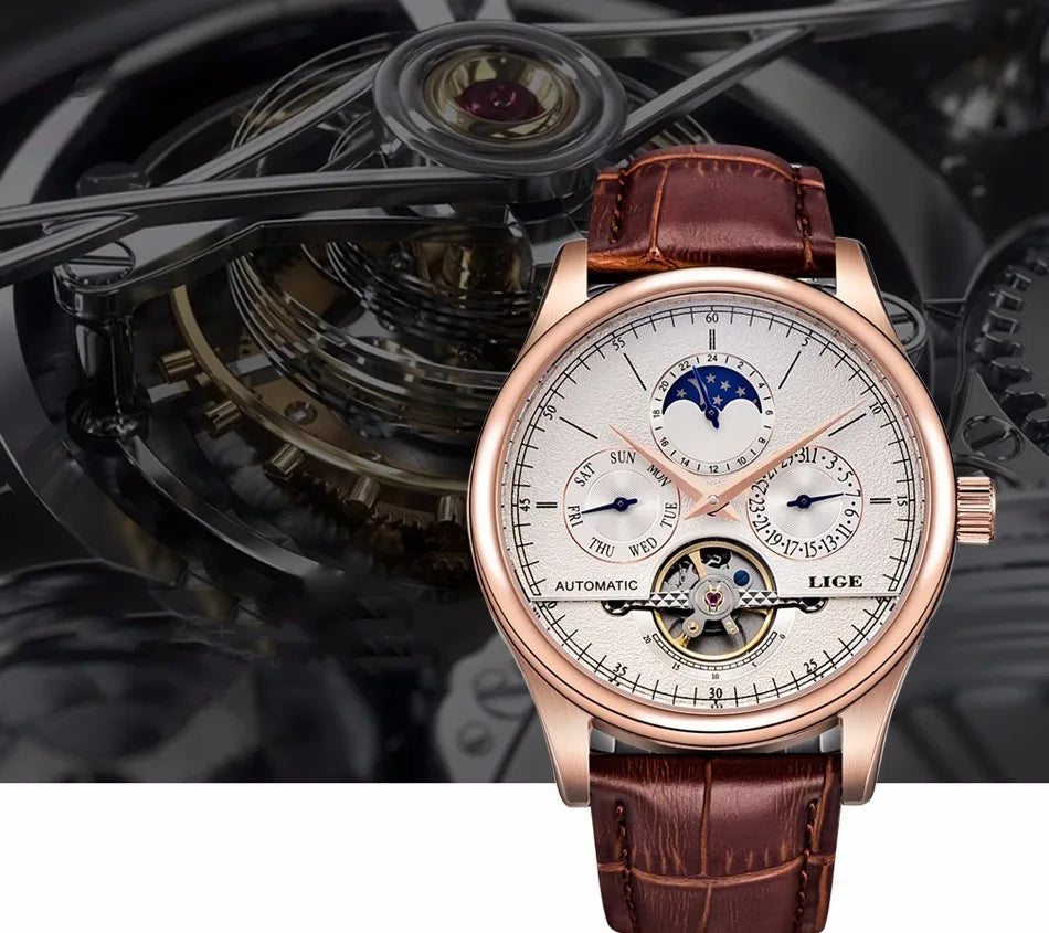 LIGE Automatic Tourbillon Watch | Genuine Leather Skeleton Mechanical Timepiece