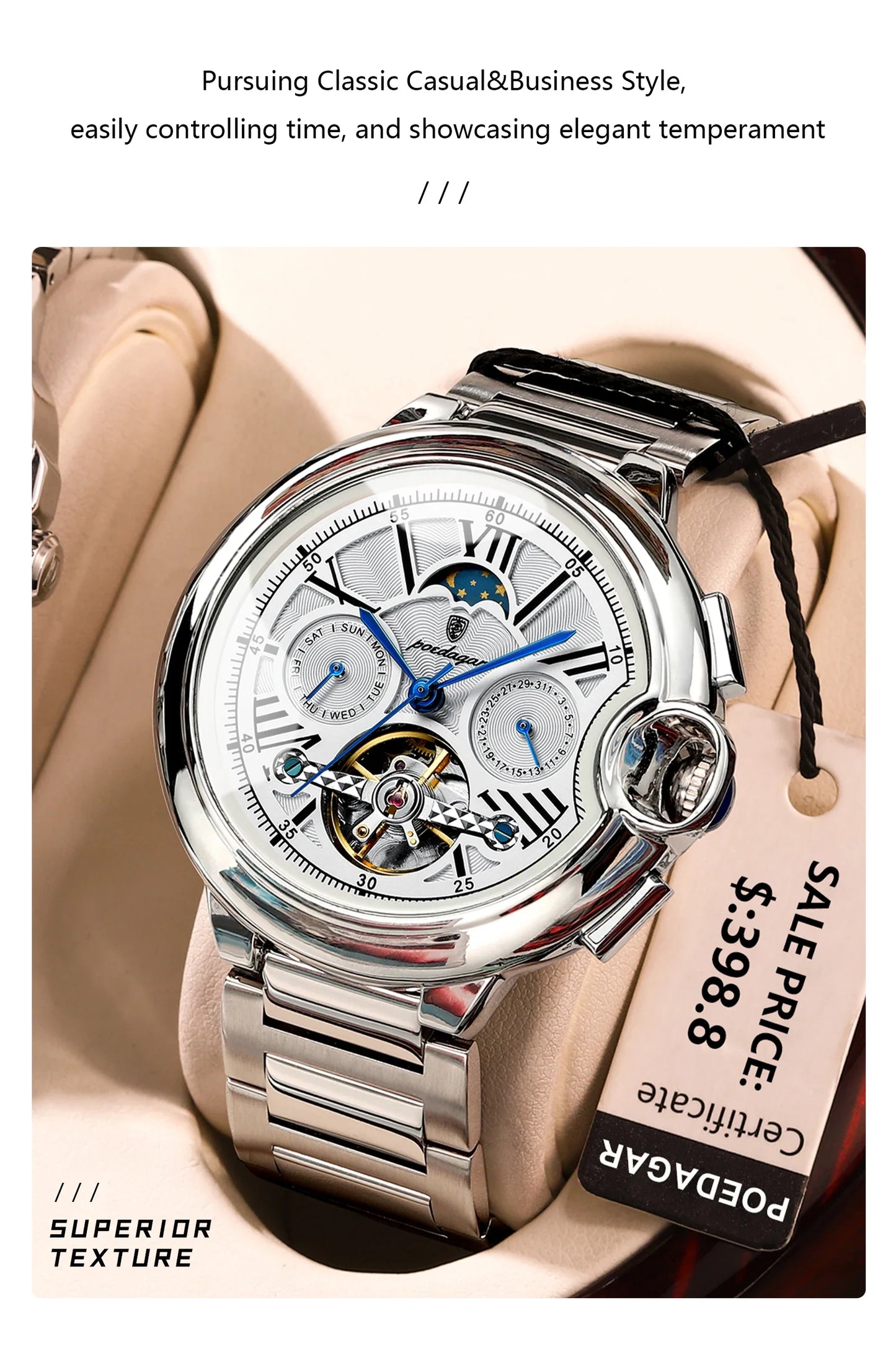 POEDAGAR Military Mechanical Watch | Automatic Tourbillon Day-Date Edition