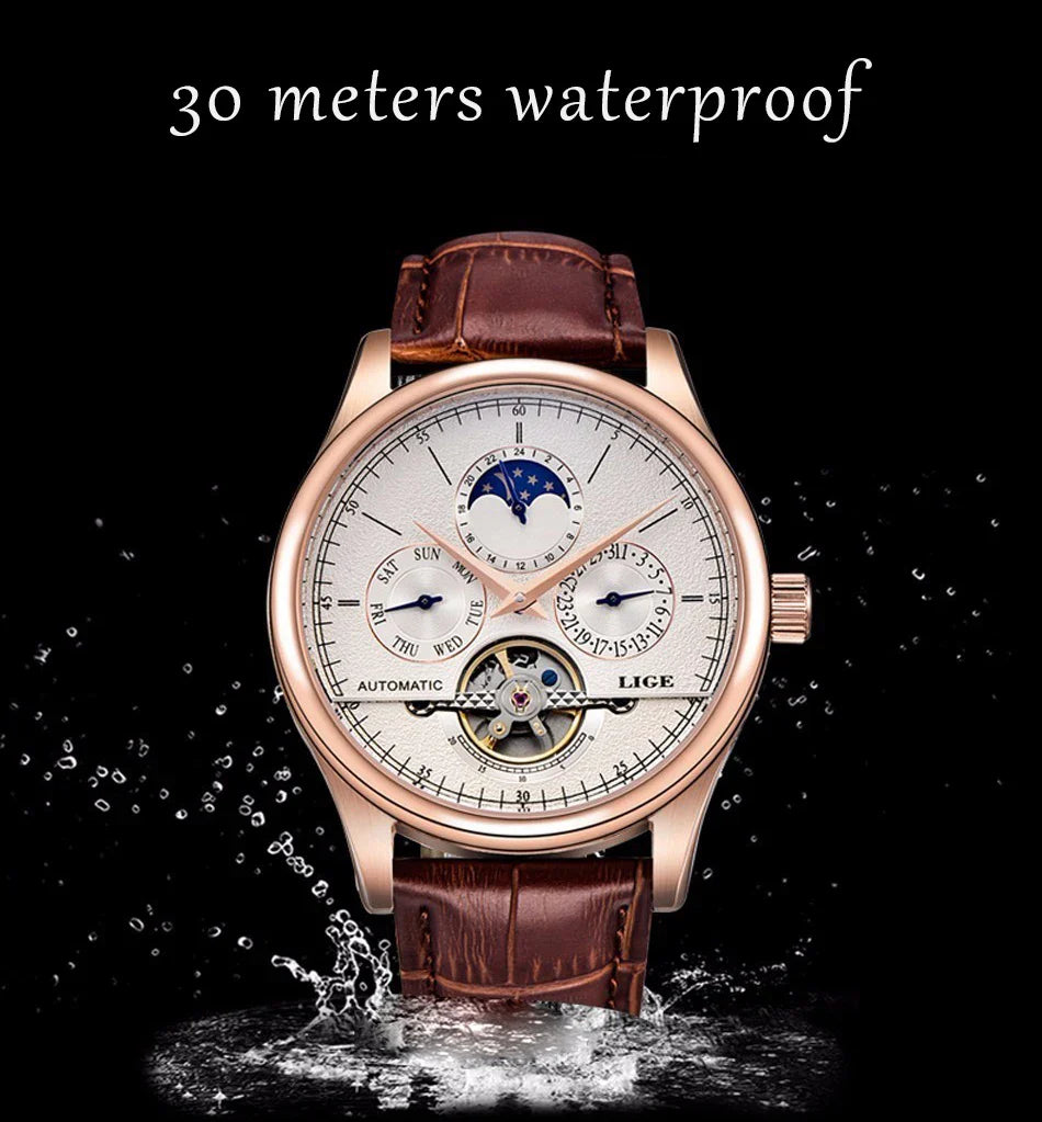 LIGE Automatic Tourbillon Watch | Genuine Leather Skeleton Mechanical Timepiece
