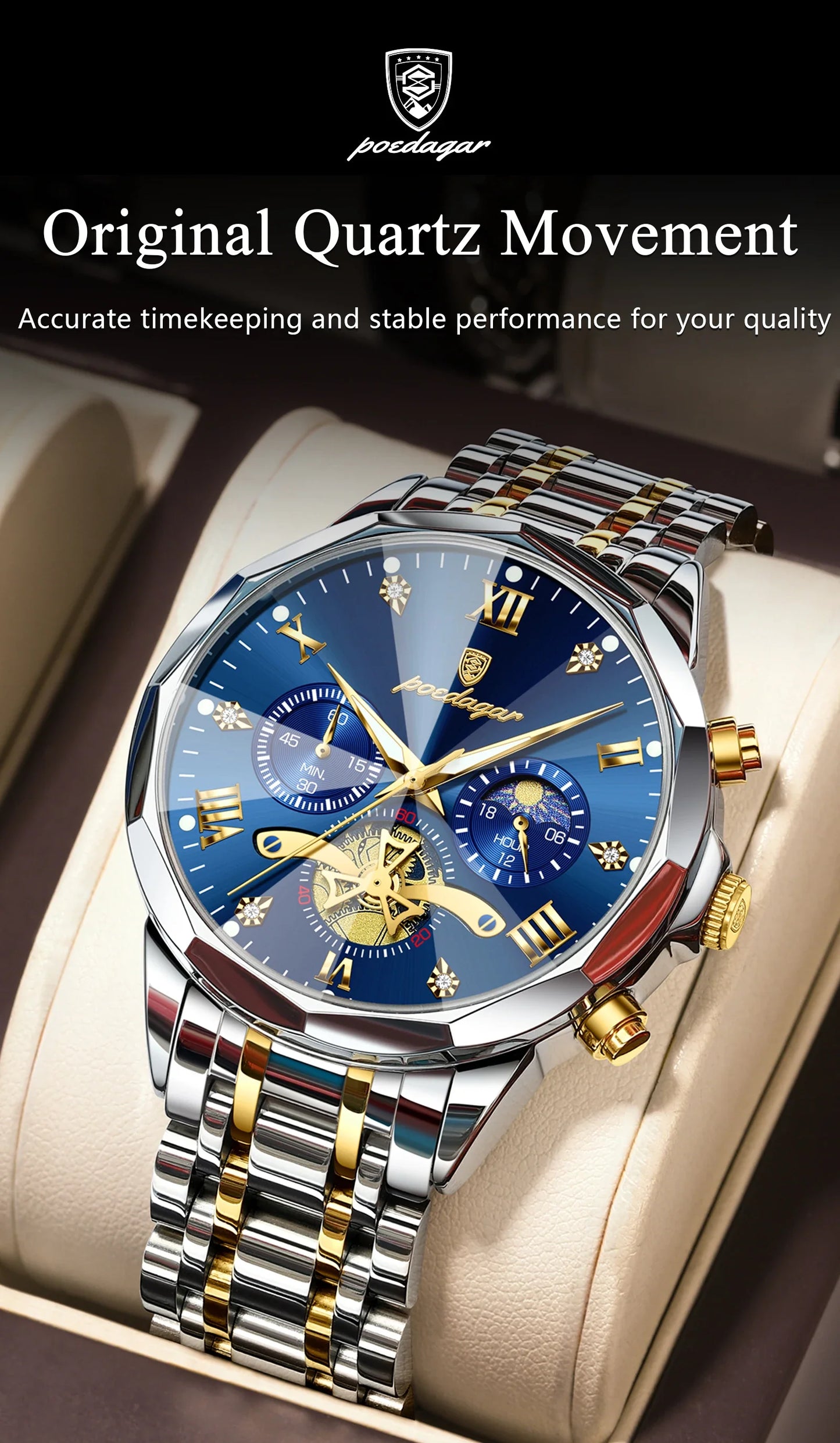 POEDAGAR Luxury Men's Chronograph | Luminous Waterproof Stainless Steel Watch