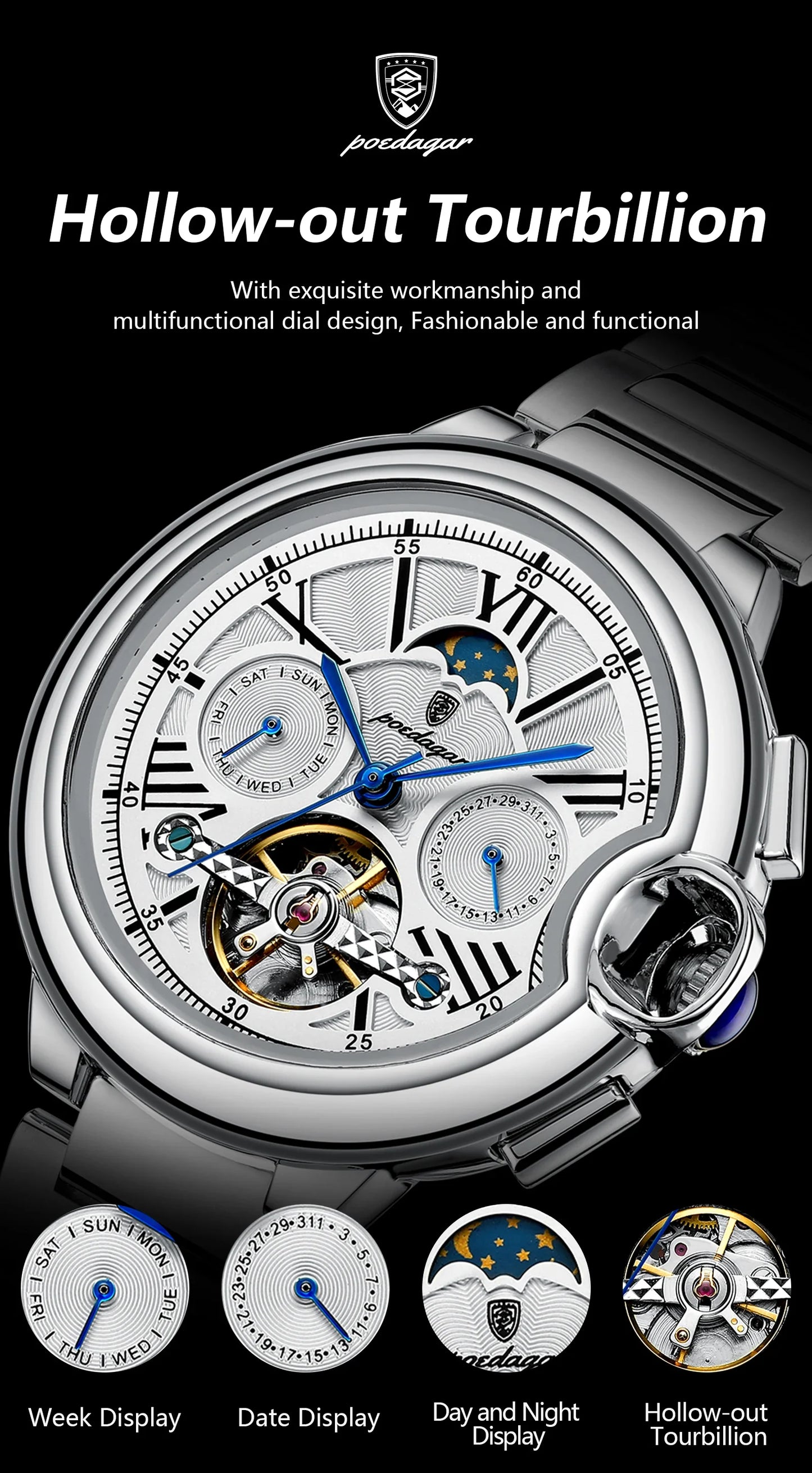 POEDAGAR Military Mechanical Watch | Automatic Tourbillon Day-Date Edition