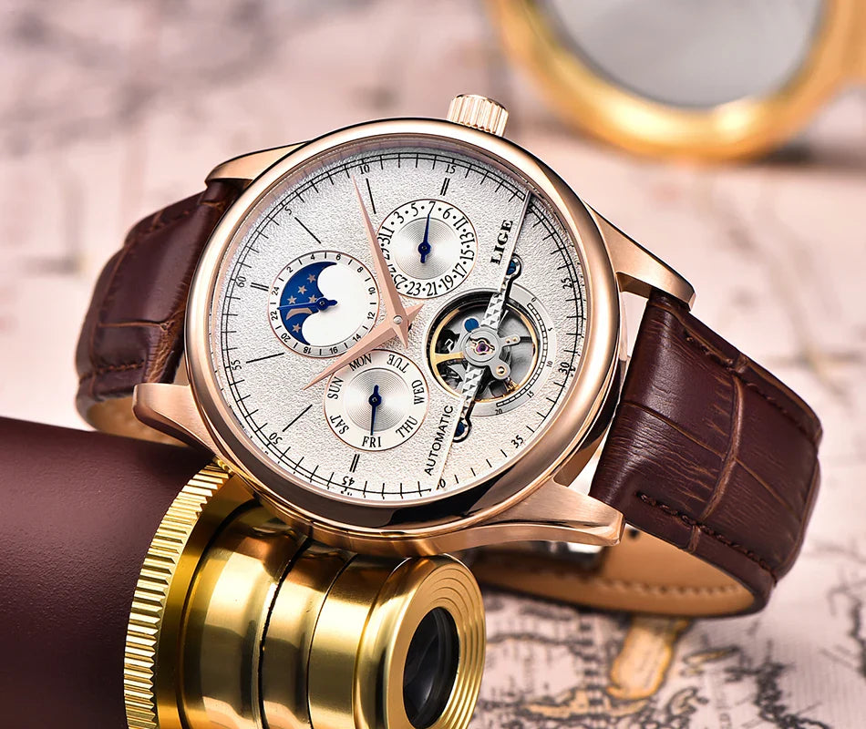 LIGE Automatic Tourbillon Watch | Genuine Leather Skeleton Mechanical Timepiece