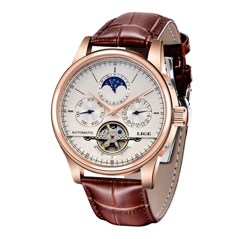 LIGE Automatic Tourbillon Watch | Genuine Leather Skeleton Mechanical Timepiece