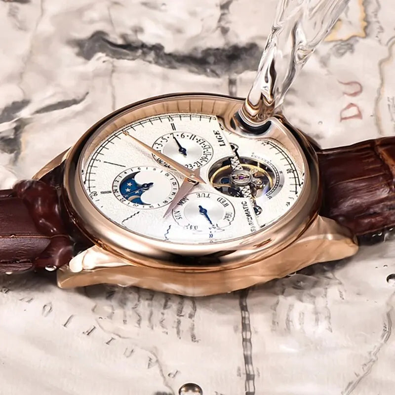 LIGE Automatic Tourbillon Watch | Genuine Leather Skeleton Mechanical Timepiece