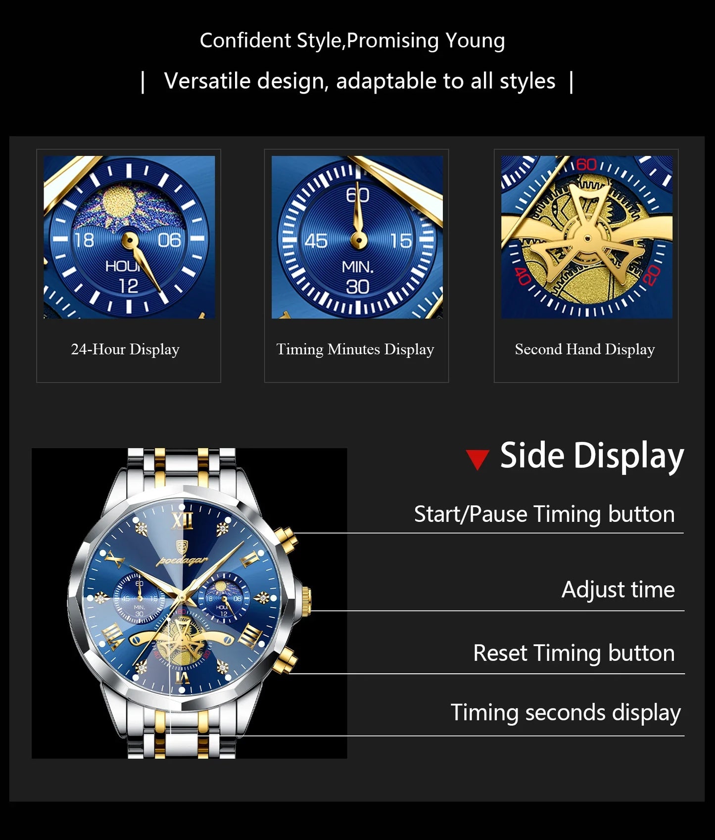 POEDAGAR Luxury Men's Chronograph | Luminous Waterproof Stainless Steel Watch