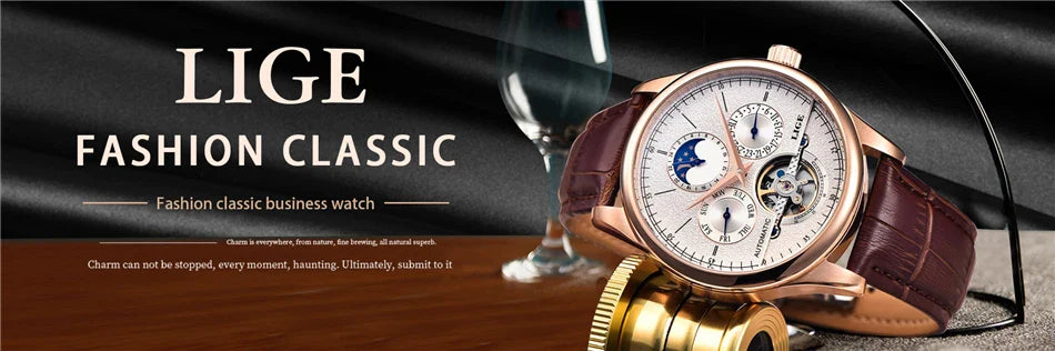 LIGE Automatic Tourbillon Watch | Genuine Leather Skeleton Mechanical Timepiece