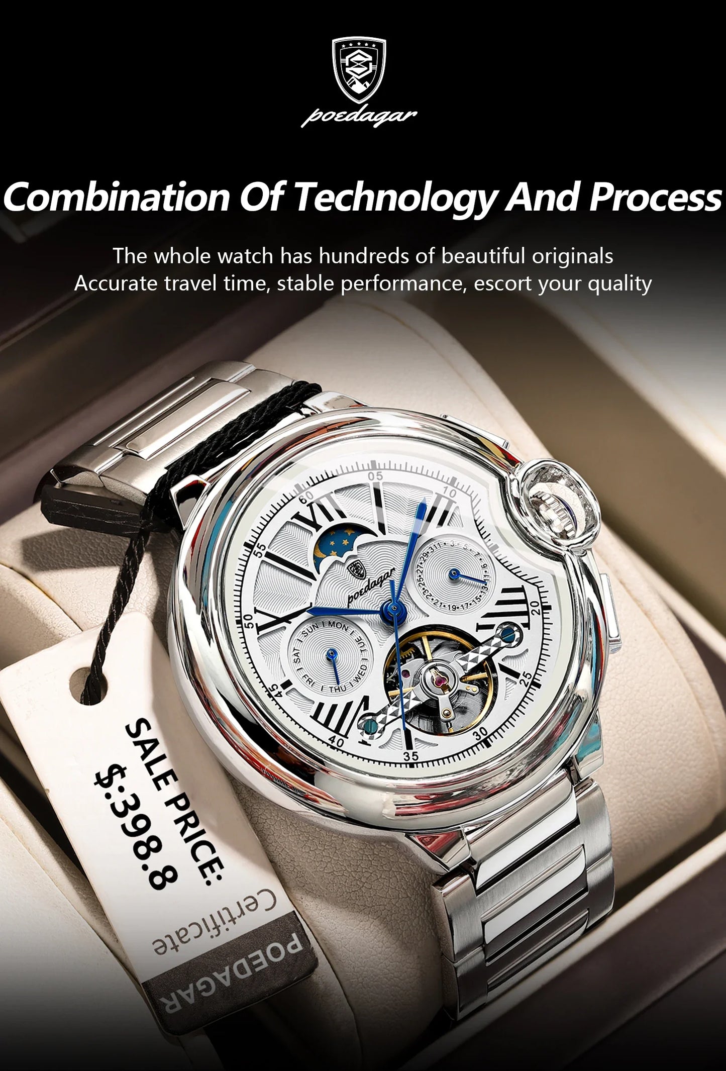 POEDAGAR Military Mechanical Watch | Automatic Tourbillon Day-Date Edition