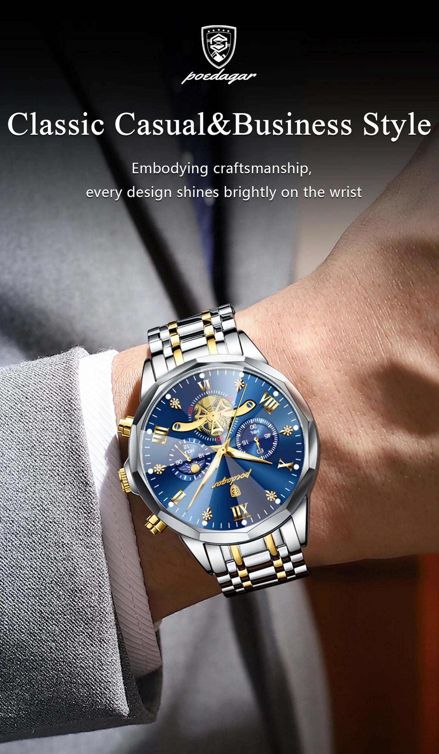 POEDAGAR Luxury Men's Chronograph | Luminous Waterproof Stainless Steel Watch