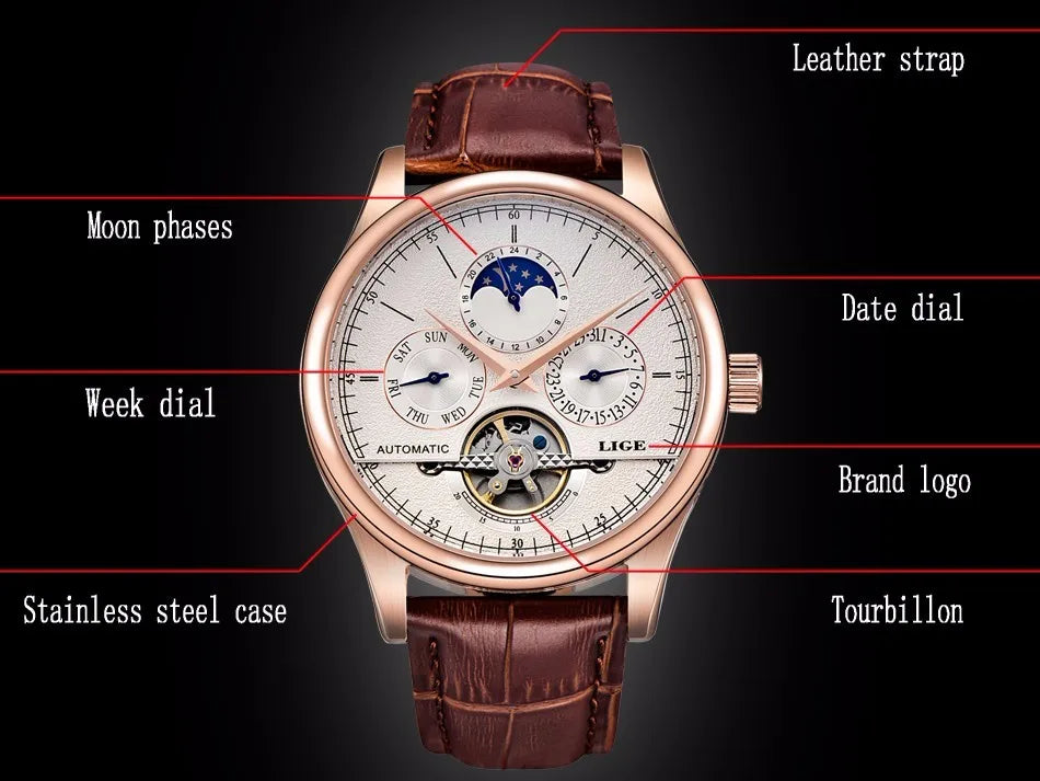 LIGE Automatic Tourbillon Watch | Genuine Leather Skeleton Mechanical Timepiece