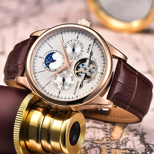 LIGE Automatic Tourbillon Watch | Genuine Leather Skeleton Mechanical Timepiece