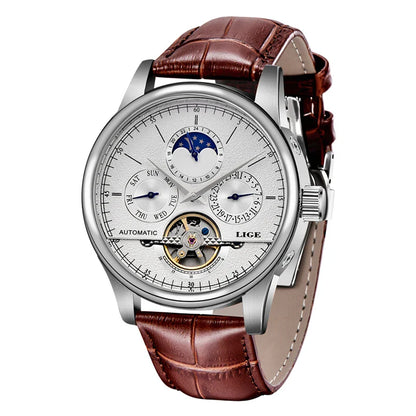 LIGE Automatic Tourbillon Watch | Genuine Leather Skeleton Mechanical Timepiece