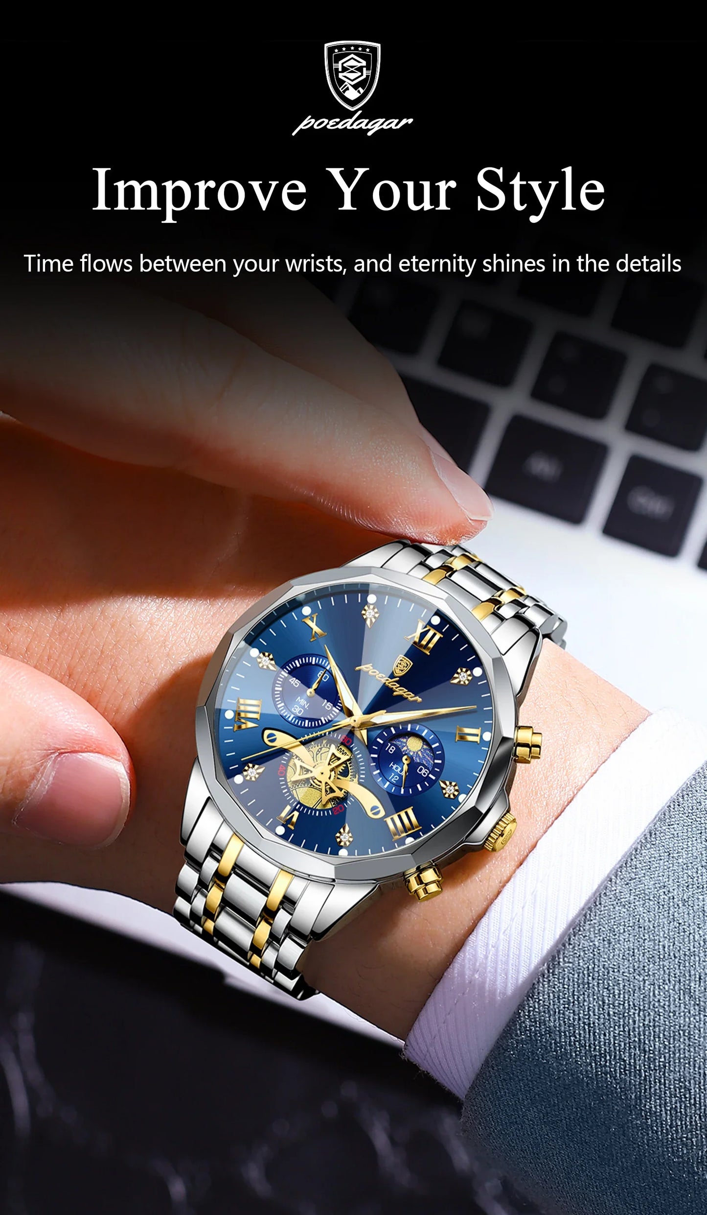 POEDAGAR Luxury Men's Chronograph | Luminous Waterproof Stainless Steel Watch