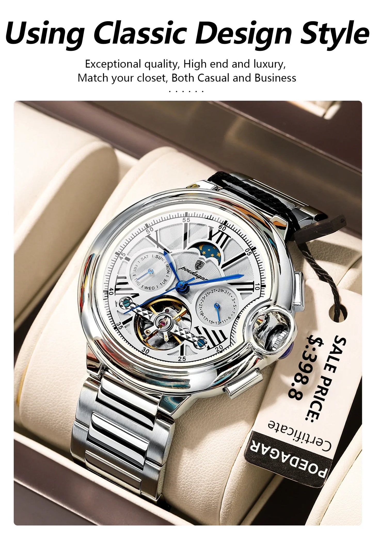 POEDAGAR Military Mechanical Watch | Automatic Tourbillon Day-Date Edition