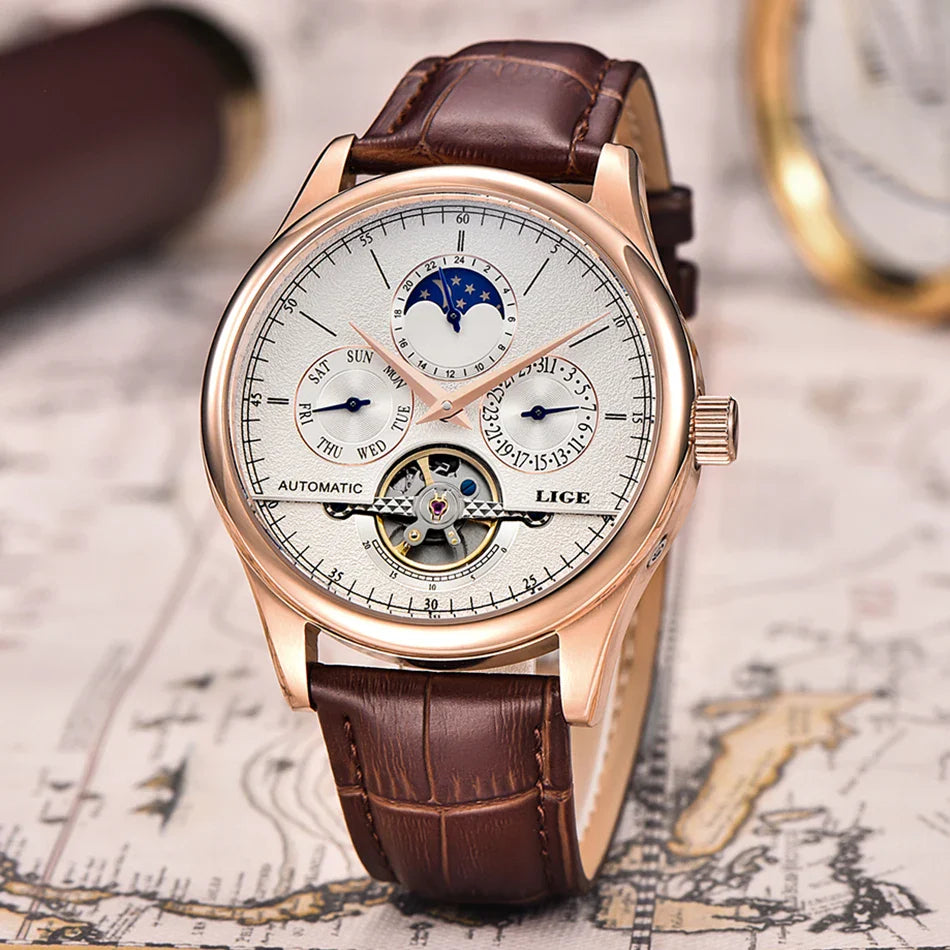 LIGE Automatic Tourbillon Watch | Genuine Leather Skeleton Mechanical Timepiece