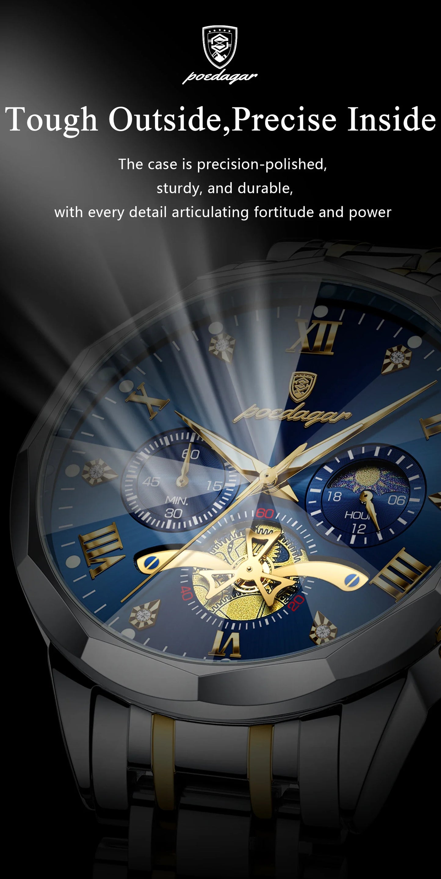 POEDAGAR Luxury Men's Chronograph | Luminous Waterproof Stainless Steel Watch