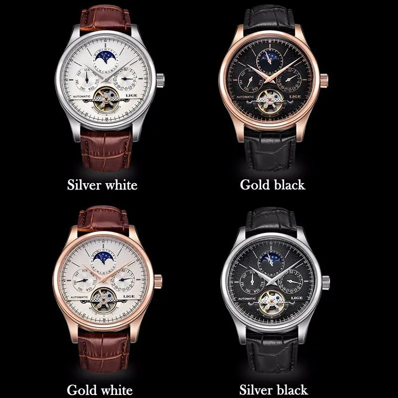 LIGE Automatic Tourbillon Watch | Genuine Leather Skeleton Mechanical Timepiece